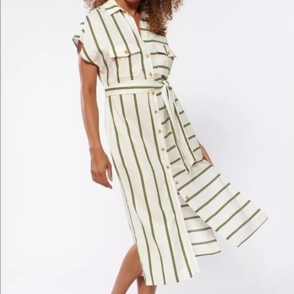 Red Carter Shay Safari Striped Button-Down Midi Shirt Dress Belt Pockets L 8742 - Picture 1 of 16